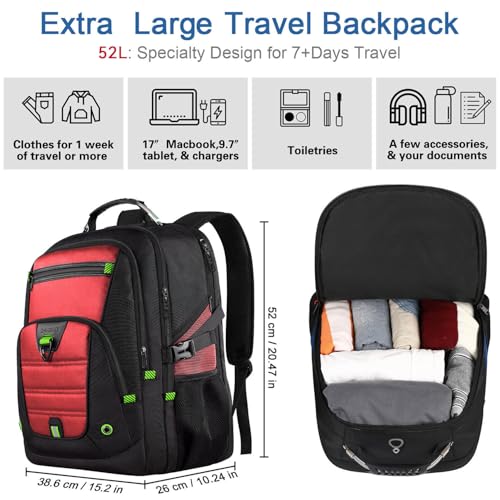 Z-MGKISS 52L Extra Large Laptop Backpack, Long-Term Durability Travel Computer Bag, TSA-Approved Business Rucksack for Men Women, Heavy Duty Rucksack Bag Backpack Fits 17.3 Inch Laptop &Notebook,Red - color: Red, size: 17.3 Inch (20''x15''x10'')