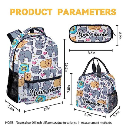 Personalized Cat Backpack with Lunch Box and Pencil Case, 16 Inch Cat Theme Bookbag with Adjustable Straps, Durable, Lightweight, Large Capacity, School Backpack for Girls Women - color: Color-1-3
