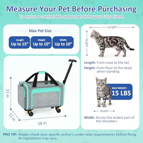 Rolling Pet Carrier with Detachable Wheels - 18x11x11 TSA Airline Approved for Southwest Delta United American, Soft Sided Expandable Travel Bag for Small Dogs & Cats up to 15Lbs, Fits Under Seat - color: Green