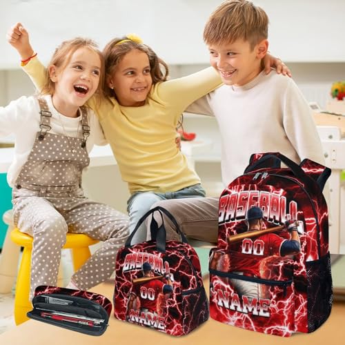 UNIKITTY Boys Baseball Backpack Set with Lunch Box & Pencil Case, Personalized School Backpack for Kids Teens; 17 Inch Large Capacity Baseball Bookbag, Water Resistant for Elementary & Middle School - color: Red