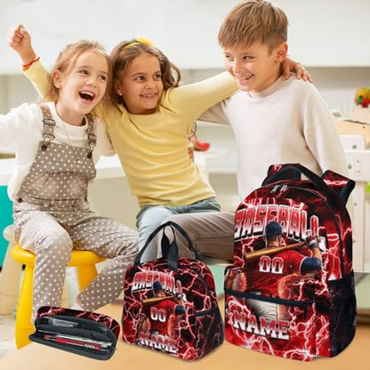 UNIKITTY Boys Baseball Backpack Set with Lunch Box & Pencil Case, Personalized School Backpack for Kids Teens; 17 Inch Large Capacity Baseball Bookbag, Water Resistant for Elementary & Middle School - color: Red