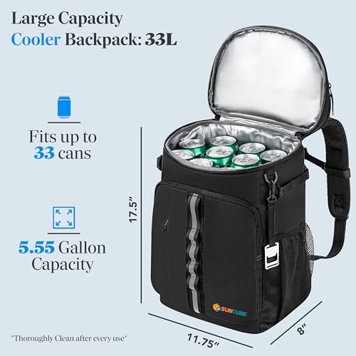 SUN CUBE Cooler Backpack 33 Can, Leakproof Insulated Backpack Cooler for Men Women, Camping Cooler Backpack for Beach Travel Hiking, Waterproof Lunch Backpack - color: Black