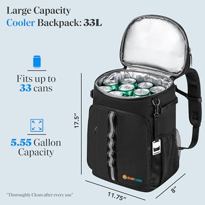 SUN CUBE Cooler Backpack 33 Can, Leakproof Insulated Backpack Cooler for Men Women, Camping Cooler Backpack for Beach Travel Hiking, Waterproof Lunch Backpack - color: Black