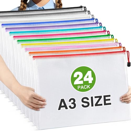 Umriox 24 Pack 12 Colors Zipper Pouches for Organizing, A3 Size (16.9 x 12.4), Big mesh Bags, Zipper Bags for Puzzles & Board Game Storage, Office Supplies Travel Toiletries - style: Multicolored 24pcs, A3