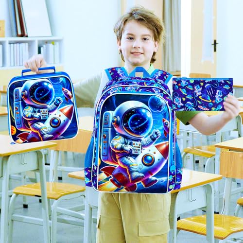 16" Space Backpack for Boys, 3Pcs Astronauts Bookbag with Lunch Box, Kids School Backpacks Set for Elementary Preschool Kindergarten (Blue) - color: Astronaut Blue