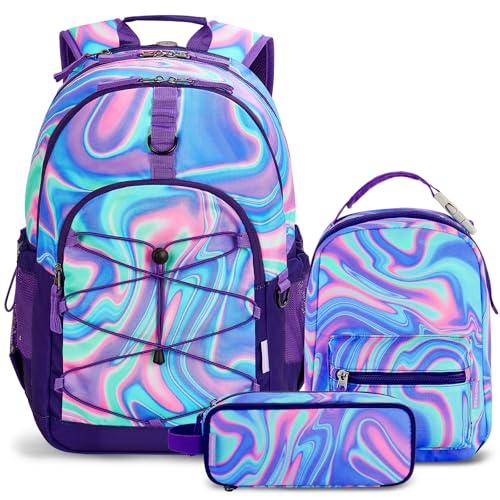 Choco Mocha Girls School Backpack with Lunch Box, Purple Fluid Backpack Set for Teen Girls 18 Inch Backpacks, 3 Pcs - color: Purple-laser