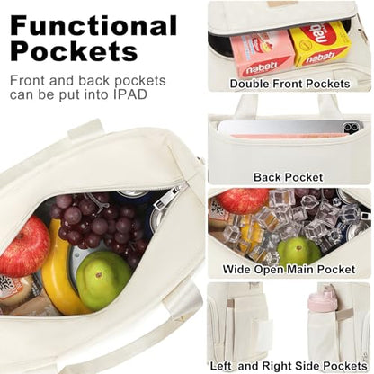 AIJIEKE Large Insulated Lunch Bag for Men Women, Leakproof Work Lunch Box | Keeps food fresh 8-12 hours. Spacious multi-pocket design with a removable strap. Water-resistant and easy-wipe interior - color: Beige
