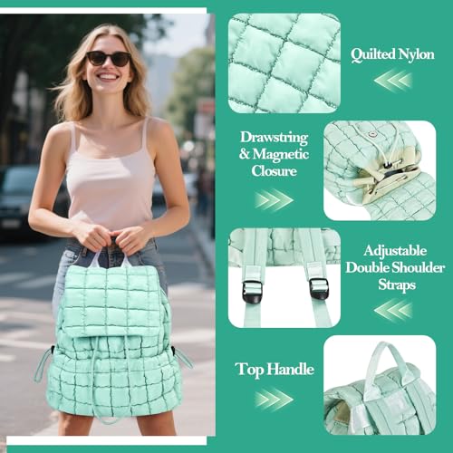 Quilted Puffer Backpack for Women Lightweight Soft Puffy Backpack Purse Casual Daily Drawstring Flap Daypack (Pine Green) - color: Pine Green