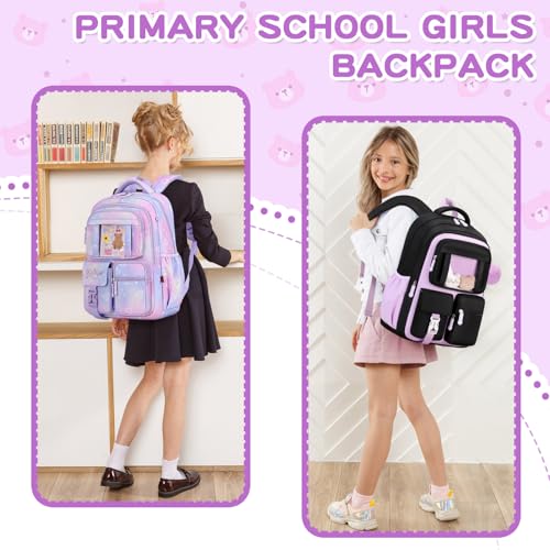 PIG PIG GIRL Kids Backpack for Girls School Bags for Middle School Students Book Bag for Elementary Primary Kawaii Ita Backpack, Black and Purple - color: Black and Purple