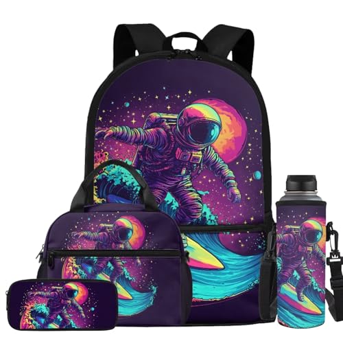 Astronaut Backpack for Boys Backpack with Lunch Box Water Bottle Holder and Pencil Case Pouch 4 in 1 Cute Backpacks for Boys Bookbag with Front Pocket Back to School Supplies - color: Astronaut