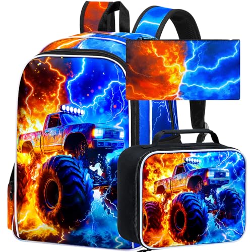 AGSDON 3PCS Truck Backpack for Boys, 17" Kids Bookbag with Lunch Box for Boy, Flame Thunder Backpacks Water Resistant and Lightweight for Teen - color: Truck