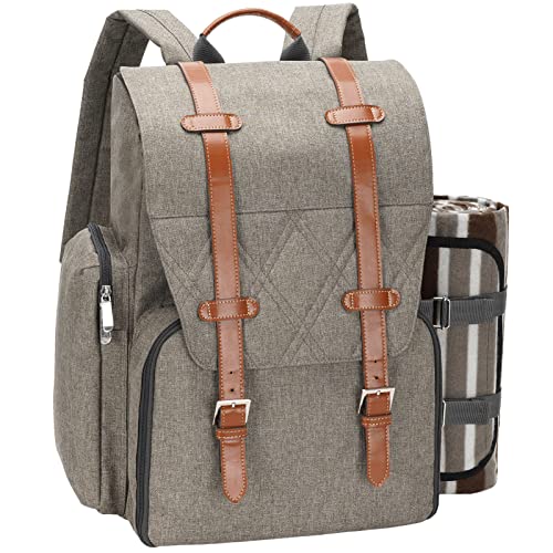 Picnic Backpack for 4 Person with Large Insulated Cooler Bag, Picnic Basket Set with Wine Pouch,Waterproof Picnic Blanket & Cutlery Set. Perfect for Beach, Camping, Party,Wedding Gift for Couple,Brush - color: Brush-beige, size: 4 Person