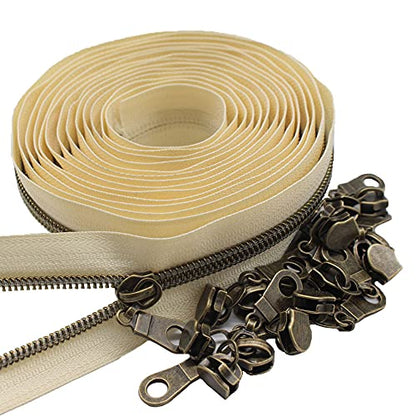 MebuZip #5 Antique Brass Metallic Nylon Coil Zippers by The Yard Bulk Coil Zipper Roll 10 Yards with 25pcs Pulls for DIY Sewing Craft Bags (Beige) - color: Antique Brass Beige