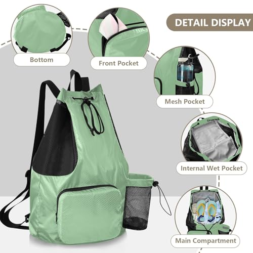 Yuiboo Dark Sea Green Drawstring Backpack Sports Gym Bag with Water Bottle Pocket Cinch Bags Wet and Dry Separation