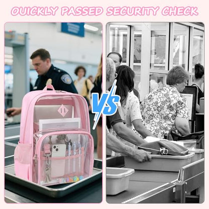 MUSEVOS Clear Backpack, Heavy Duty Bookbag for School, 2-in-1 Design Transparent PVC & Oxford Fabric, for Girls and Women. Pink - color: Pink