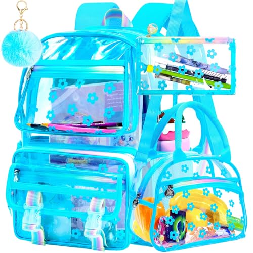 KLFVB Girls Clear Backpack Heavy Duty, 3PCS See Through School Bag Set, Cute Transparent Bookbag for Women - Plum Blossom Sky Blue - color: Plum Blossom Sky Blue Clear Backpack