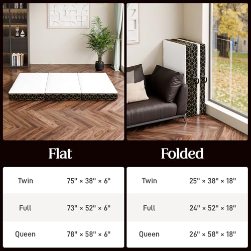 GEMBED Tri-Fold Memory Foam Mattress - 4 Inch Portable Folding Sofa Bed with Handle & Washable Cover, Floor Sofa Bed with Non-Slip Base, Space-Saving for Room, Travel, Guest Bed, RV, 75"x25"x4" - size: Single, style: 4 Inch