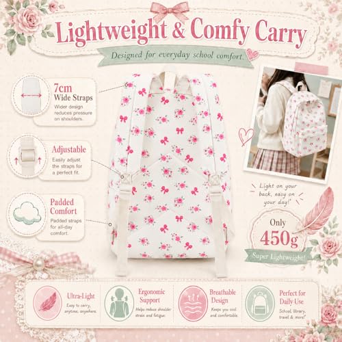LEDAOU School Backpack for Teen Girls Elementary Middle School Bookbag Kids Backpacks Women Laptop Backpack Travel Daypack (Flower Bow - Beige) - color: Flower Bow - Beige