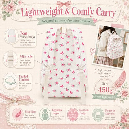 LEDAOU School Backpack for Teen Girls Elementary Middle School Bookbag Kids Backpacks Women Laptop Backpack Travel Daypack (Flower Bow - Beige) - color: Flower Bow - Beige