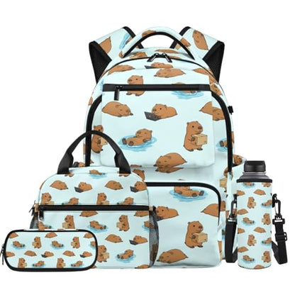 Capybara Backpack for Girls 8-10 Kids Backpack for School Girls Bookbag with Lunch Box Water Bottle Pouch Pencil Case 4PCS Set Teen Backpacks for Primary Elementary School Supplies - color: Capybara