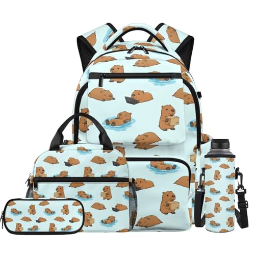 Capybara Backpack for Girls 8-10 Kids Backpack for School Girls Bookbag with Lunch Box Water Bottle Pouch Pencil Case 4PCS Set Teen Backpacks for Primary Elementary School Supplies - color: Capybara