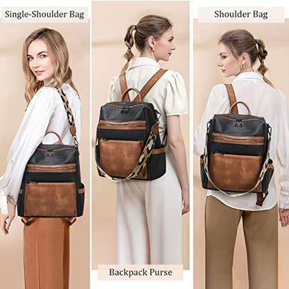 AGLOD Leather Backpack Purse for Women Designer Ladies Shoulder Bag Fashion Faux Work Travel Handbags - color: Kcus22001-black-brown