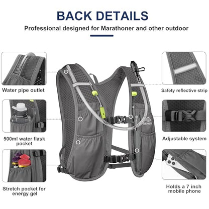 Running Hydration Vest 5L,Running Vest Pack with 1.5L Water Bladder,Lightweight Water Backpack for Hiking Running Cycling - color: Grey