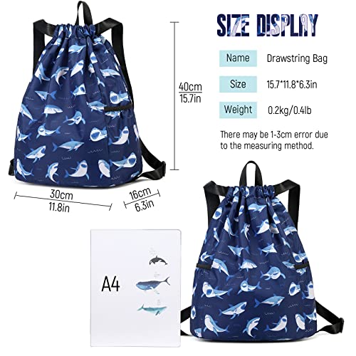 Children Boy Girl Ocean Shark Print Drawstring Backpack Outdoor Casaul Portable Shoulder Bag Swim Gymsack Sack Pack Dark Blue - color: Shark Dark Blue