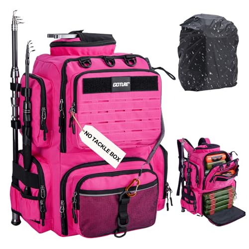 Goture Fishing Backpack,900D Water-Resistant Tackle Backpack with Rod Holders,45L Large Fishing Bag Storage Gear Tackle Bag with Rain Cover,Bottle Holder for Travel Camping Hiking(Without Tackle Box) - color: 45L Pink with Bottle Holder