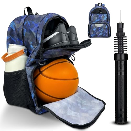 Soccer & Basketball Sports Bag with Ball Pump - Basketball Backpack with Separate Ball & Shoes Holder Compartment, Soccer Basketball Football & Volleyball Bag with Large Capacity - color: Blue