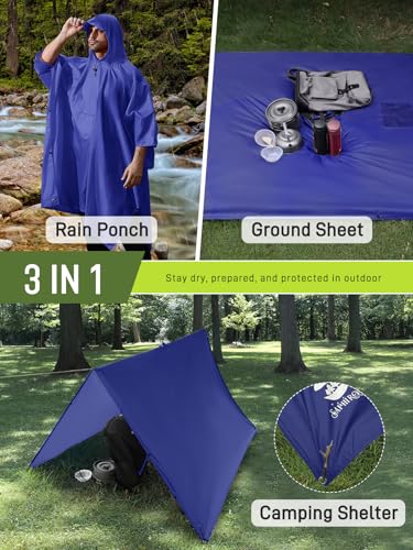 SaphiRose Extra Thick Hooded Rain Poncho Double Layer Waterproof Raincoat Jacket for Men Women Adults - color: Blue