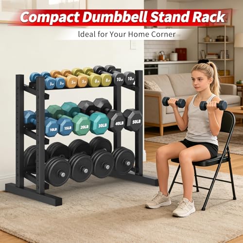 3-Tier Professional Dumbbell Rack, Commercial Grade Dumbbell Storage Rack,1300LB Capacity with Barbell Holder, Adjustable Heavy-Duty Weight Rack for Home Gym, Weight Stand for Dumbbells, Kettlebells & Weight Plates (Rack Only)