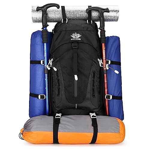 Esup 50L Hiking Backpack Men Camping Backpack with rain cover 45l+5l Lightweight Backpacking Backpack Travel Backpack - color: Deep Black