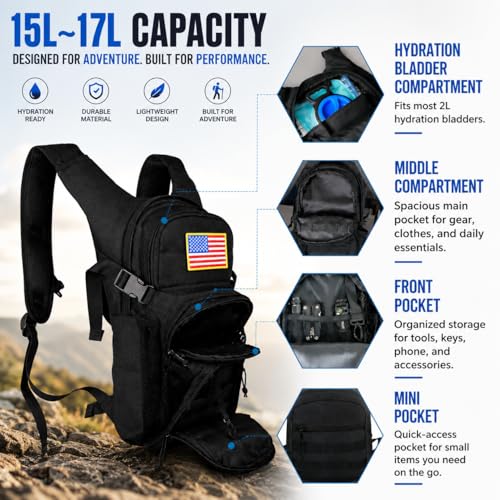 Tactical Hydration Backpack 2L Water Bladder - Lightweight Durable Pack for Hiking, Running, Outdoor Adventures, Adjustable Straps & Leak-Proof Design - color: Black