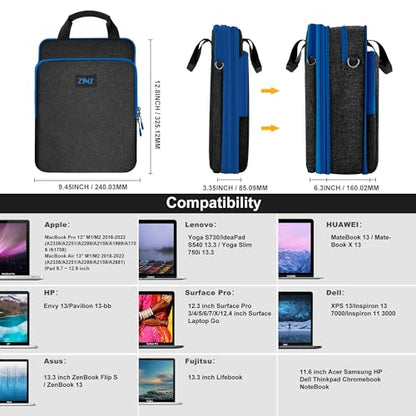 ZINZ Laptop Shoulder Bag 12.3-13 inch Case Sleeve, Expandable Handbag with Valuables Compartment Compatible with MacBook Air/Pro/Neo 13", iPad 12.9"/13"/11", Shockproof,Black-Blue edge - color: Black-blue Edge