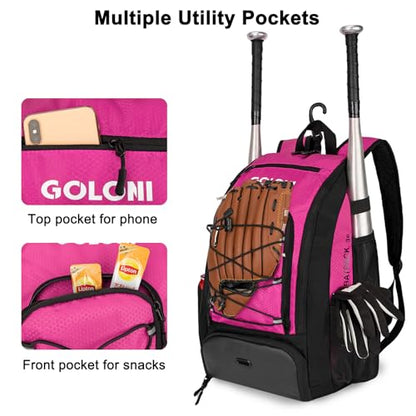 Goloni 40L Baseball Bag, Softball Bat Bag with Shoes Compartment,Fence Hook,Backpack for Baseball, T-Ball & Softball Equipment & Gear - color: Rose Red