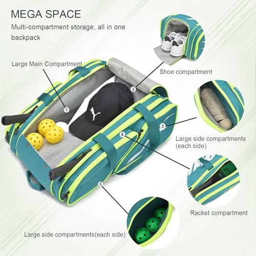 TILDOSAC Pickleball Bag - Large Paddle Bag for 4 Paddles & Accessories - Fence Hook, Extra Pockets, Shoe Compartment - color: Green