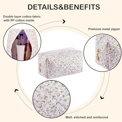 Cute Floral Makeup Bag Small Cotton Quilted Cosmetic Bag, Aesthetic Essential Bag Emergency Bag Gift for Women Girls Travel Accessories (Purple Flowers) - color: A8 Purple Flowers