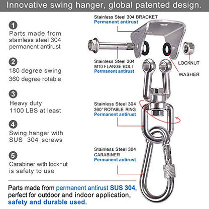 SELEWARE Swing Hangers Stainless Steel Swing Hooks Swivel Swing Mount Hardware w/Carabiners for Porch Swing Sets Hammock Chair Heavy Bag Yoga Silk Suspension Straps 1000 LB Capacity Each 2 Pack - color: Silver-360° Swing Hanger With Carabiners (2 Pack)