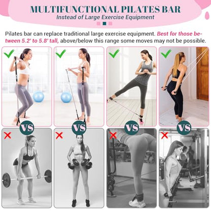 COFOF Pilates Bar Kit with Resistance Bands, Multifunctional Yoga Pilates Bar with Heavy-Duty Metal Adjustment Buckle, Portable Home Gym Pilates Resistance Bar Kit for Women Full Body Workouts - color: Pink