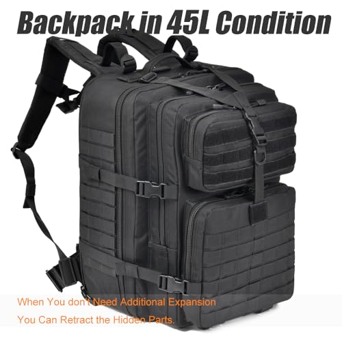 64L Large Tactical Backpack, Military Backpack, Molle Backpack, Tactical Bag, Hiking Daypacks (3, black)