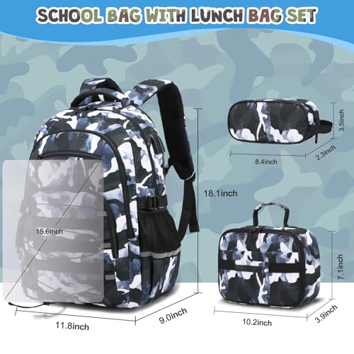 ACESAK Camo Backpack for Boys, Tactical Kids Backpack Boys, School Bags for Boy Children Teens Kids Elementary Middle High School, Military Bookbag and Lunch Bag Pencil Case Set with USB Charging Port - color: Black Blue Camo