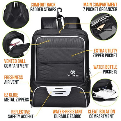 Youth Soccer Bag, Soccer Backpack with Ball Holder, Basketball Volleyball Football Handball Sports Backpack with Ball Compartment - color: Black