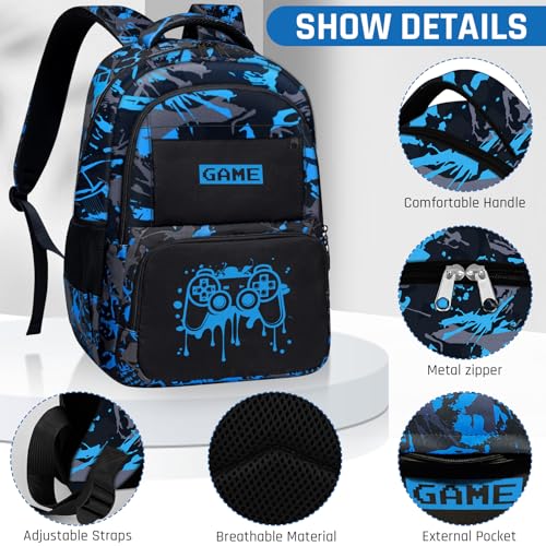 School Backpack for Boys - Game Boys Backpack for Kids Children Teens Elementary Middle School - 17″ Gamer Bookbag Travel Back Pack for Age 6-18 - color: Game003-backpack Set