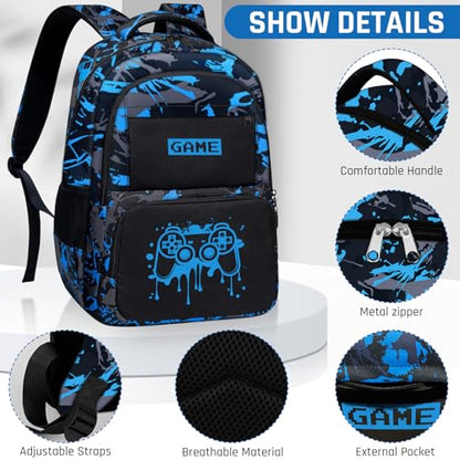 School Backpack for Boys - Game Boys Backpack for Kids Children Teens Elementary Middle School - 17″ Gamer Bookbag Travel Back Pack for Age 6-18 - color: Game003-backpack Set