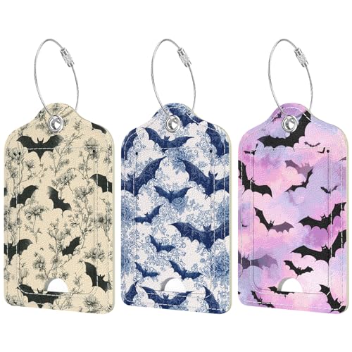 Rimilak 3 Pcs PU Leather Luggage Tags for Suitcase, Travel Cruise Luggage Tag with Privacy Flap, Name ID Label and Metal Loop for Women Men Baggage Handbag School Bag Backpack, Bat - color: Bat