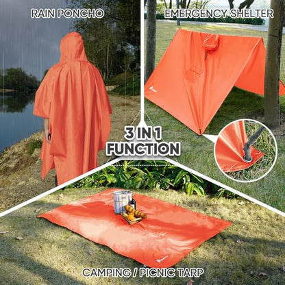 PTEROMY 3-in-1 Hooded Rain Poncho for Adult with Pocket, Waterproof Lightweight Unisex Raincoat for Hiking Camping Emergency - color: Orange 1/4 Zipper
