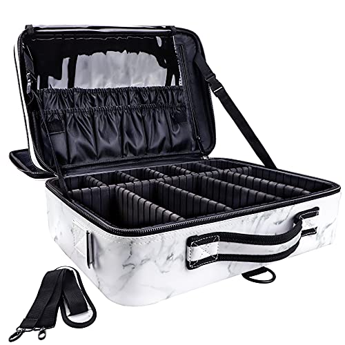 gzcz Large Capacity Travel Makeup Case Organizer,Professional Cosmetic Bags for Women,Waterproof PU Leather Makeup Bag with Adjustable Dividers and Shoulder Strap for Brushes and Jewelry - color: Marble White, size: Large
