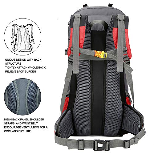 Bseash 60L Waterproof Hiking Camping Backpack with Rain Cover, Large Outdoor Sport Travel Daypack Rucksack for Climbing - color: Red