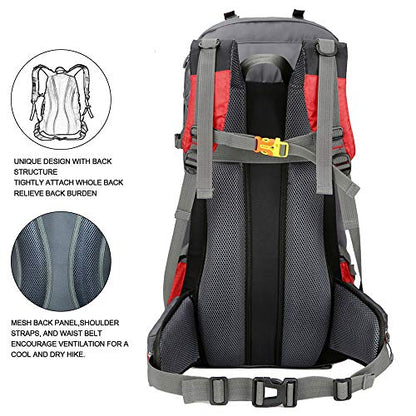 Bseash 60L Waterproof Hiking Camping Backpack with Rain Cover, Large Outdoor Sport Travel Daypack Rucksack for Climbing - color: Red